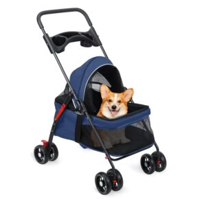 Haustier-Kinderwagen für kleine Hunde und Katzen, zusammenklappbare Hundetrage mit 360° drehbaren Vorderrädern, doppelte Anti-Entriegelungs-Schnalle, 180° verstellbares...