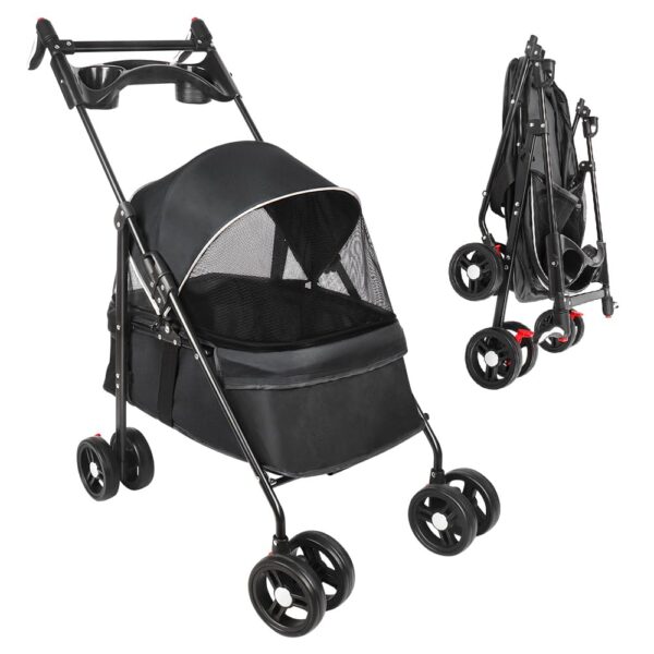 Homewell 2in1 Hundewagen, Hundebuggy mit 2 Getränkehaltern, Hundebox Transporttasche Faltbar klappbar, mit Feststellbremse, Jogger Buggy für Haustiere, 50 * 70 * 99cm (Schwarz)