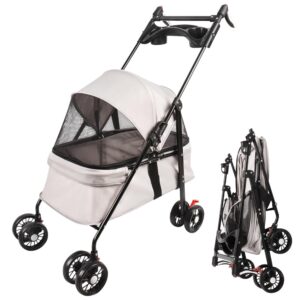 Homewell 2in1 Hundewagen, Hundebuggy mit 2 Getränkehaltern, Hundebox Transporttasche Faltbar klappbar, mit Feststellbremse, Jogger Buggy für Haustiere, 50 * 70 * 99cm (Grau)