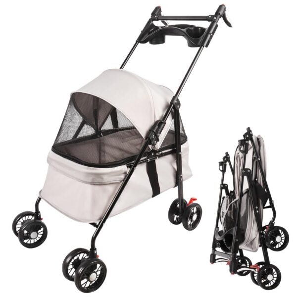 Homewell 2in1 Hundewagen, Hundebuggy mit 2 Getränkehaltern, Hundebox Transporttasche Faltbar klappbar, mit Feststellbremse, Jogger Buggy für Haustiere, 50 * 70 * 99cm (Grau)