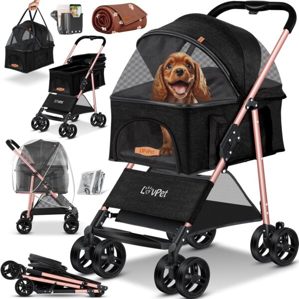 LOVPET® Hundewagen 2in1 Hundebuggy Hundebox Transporttasche Faltbar klappbar bis 20kg Haustiere Buggy mit Netzfenstern Getränkehalter, Regenschutzabdeckung & Kuscheldecke Jogger...