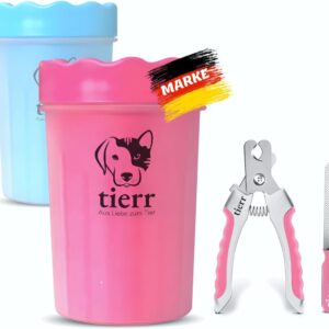 tierr Pfotenreiniger für Hunde | Entfernt Schmutz von Hundepfoten | Gründliche Reinigung mit weicher Bürste | spülmaschinenfest (Pink, Größe M + Krallenschere)